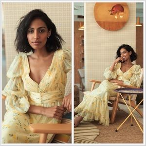 Mac Duggal Yellow Floral Chiffon Illusion Tiered Puff Sleeve Midi Dress …